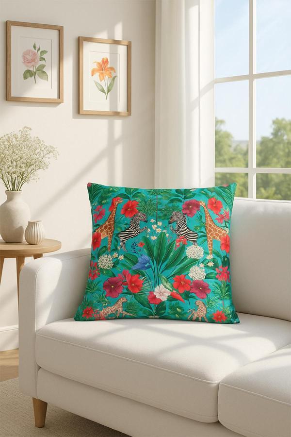 Kadife Kırlent Kılıfı Zoo Yeşil Pembe V1 50x50 - Image 1