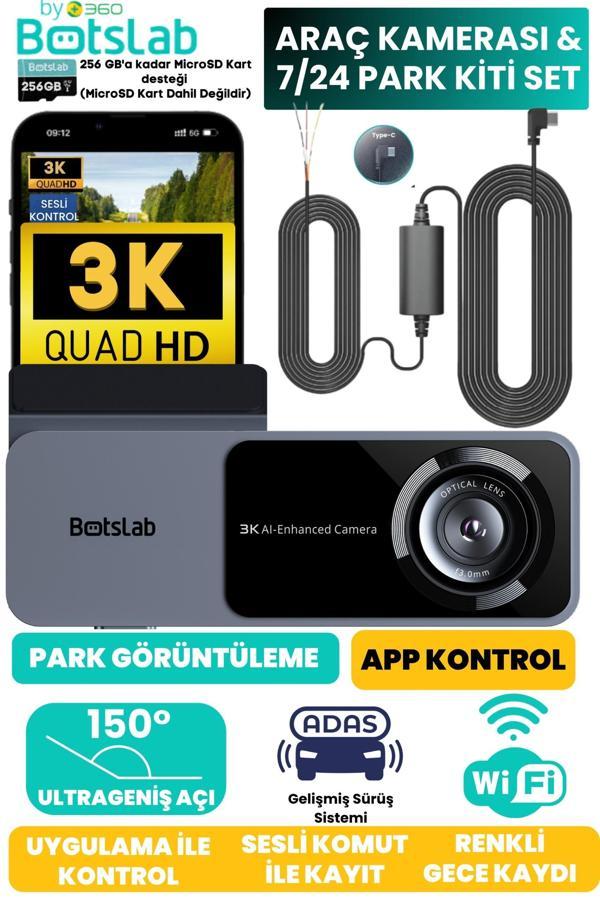 Botslab Hk50 Set / 3k Qhd Wifi 150° Ultra Geniş Açı Gece Görüşlü Akıllı Araç Kamera + Park Kiti - Image 1