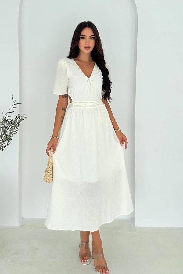 Beli Açık Garnili Krinkıl Keten Elbise Beyaz - Image 1