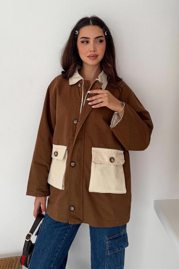 Körüklü Cep Detaylı Yağmur Gabardin Ceket Kahverengi - Image 1