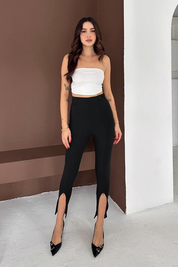 Paçası Fermuarlı Fitilli Tayt Siyah - Image 1