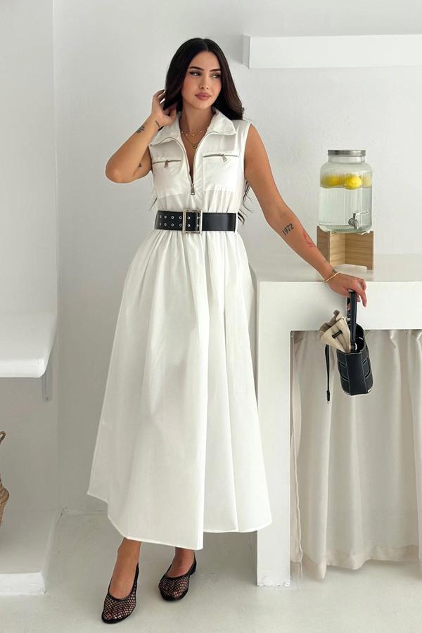 Paraşüt Kumaş Kemerli Elbise Beyaz - Image 1