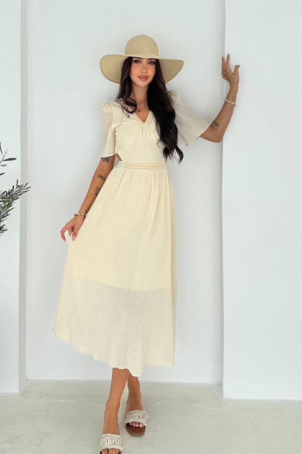 Beli Açık Garnili Krinkıl Keten Elbise Krem - Image 1