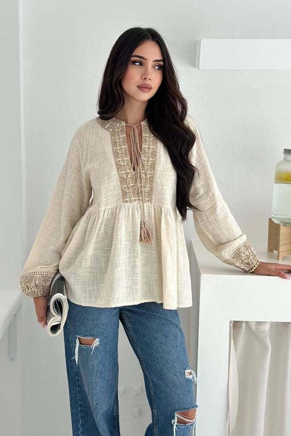 Etnik Desenli Bağlamalı Bluz - Image 1