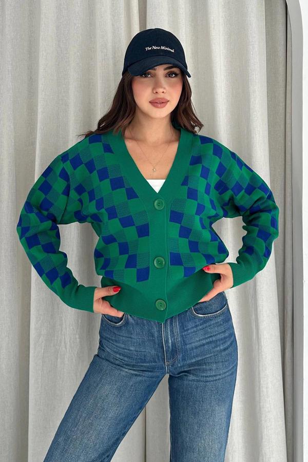 Kare Desenli Kısa Hırka Yeşil - Image 1