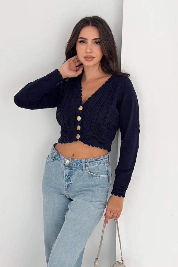 Düğme Detaylı Triko Kazak Lacivert - Image 1