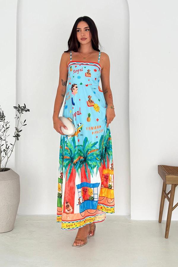 İthal Krep Kumaş Desenli Elbise Mavi - Image 1