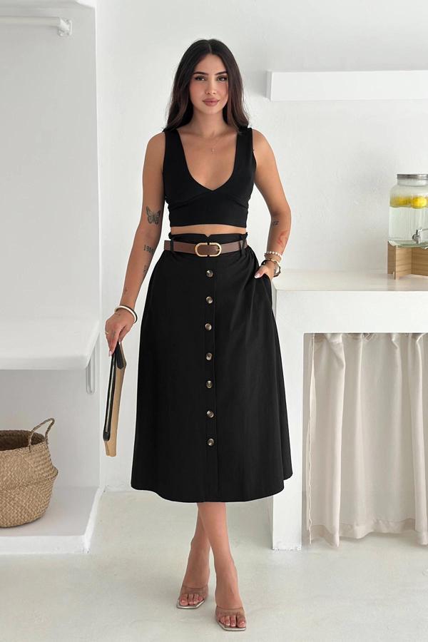Kemerli Boydan Düğmeli Keten Etek Siyah - Image 1