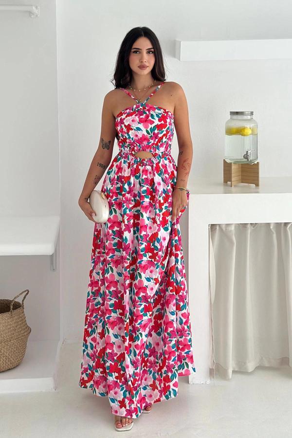 Boyun Bağcıklı Desenli İthal Krep Kumaş Elbise - Image 1