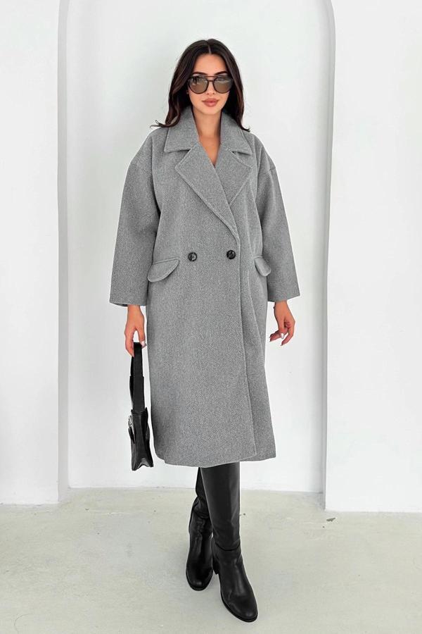 Kendinden Desenli Midi Kaban Gri - Image 1