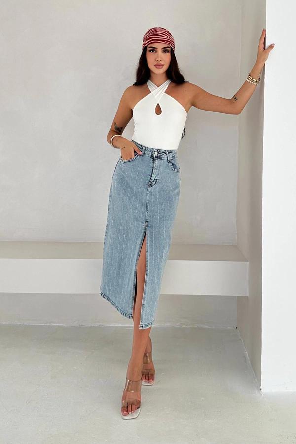 Paralel Taşlı Yırtmaçlı Denim Etek Mavi - Image 1