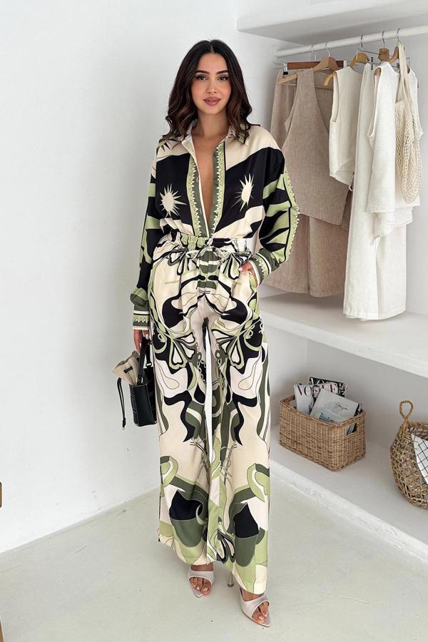 Modal Saten Kumaş Desenli Takım Yeşil - Image 1