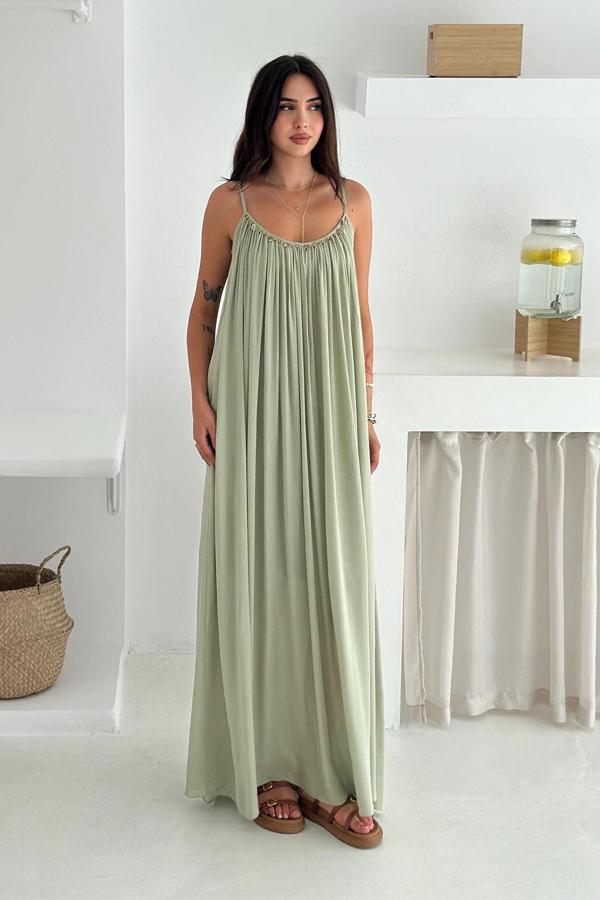 Askılı Önü Boncuklu İşlemeli Salaş Elbise Haki - Image 1