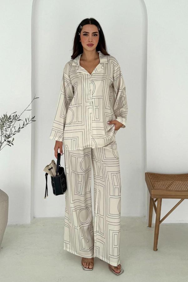 Geometrik Desen Modal Saten Takım Beyaz - Image 1