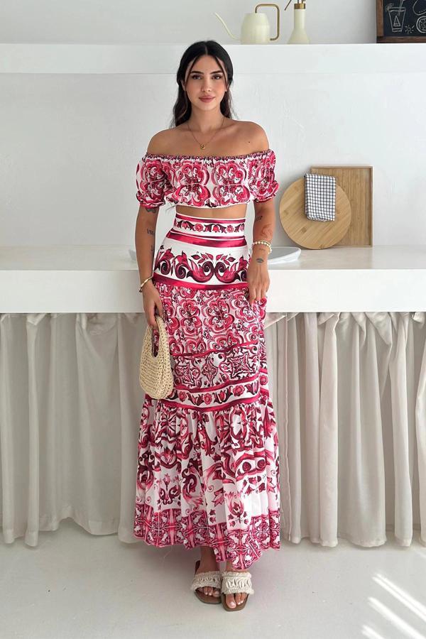 Desenli Crop Etek Takım Kırmızı - Image 1