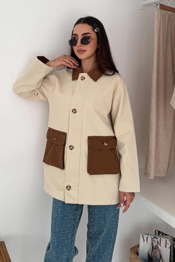 Körüklü Cep Detaylı Yağmur Gabardin Ceket Krem - Image 1