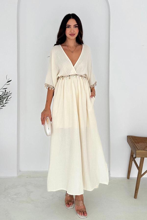 Anvelop Yaka Pullu Elbise Beyaz - Image 1