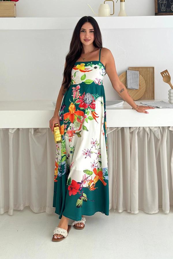 İthal Krep Kumaş Desenli Elbise Yeşil - Image 1