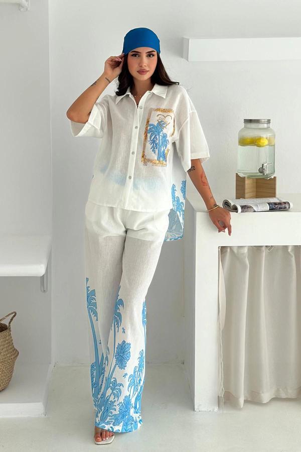 Keten Kumaş Palmiye Baskılı Cep Taş Detaylı Takım Mavi - Image 1