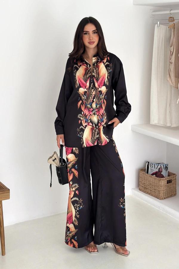 Saten Kumaş Desenli Takım Siyah - Image 1