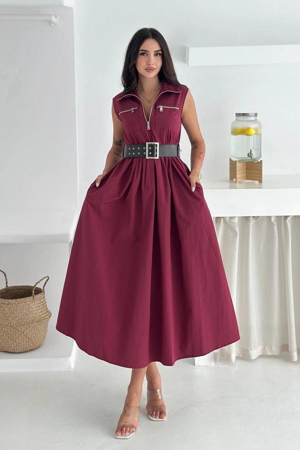 Paraşüt Kumaş Kemerli Elbise Bordo - Image 1