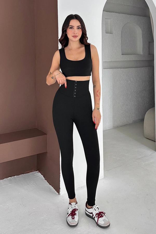 Beli Korse Detaylı Fitilli Tayt Siyah - Image 1