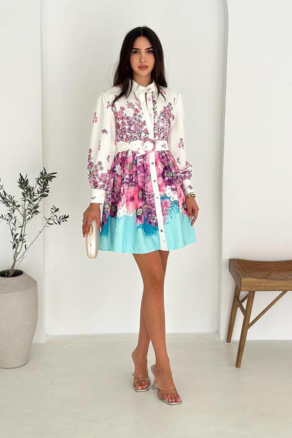 Desenli Düğme Detaylı Kemerli Keten Elbise - Image 1