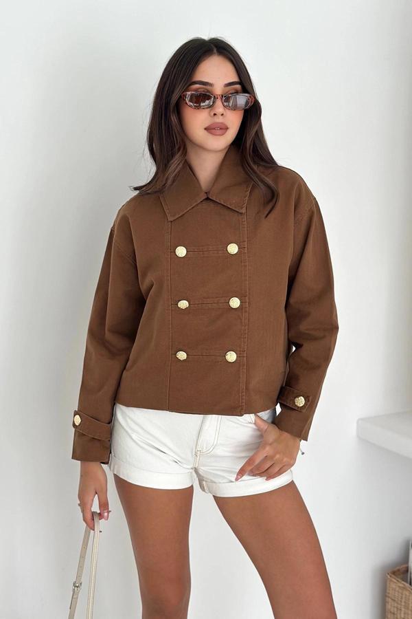 Düğme Detaylı Yağmur Gabardin Ceket Kahverengi - Image 1