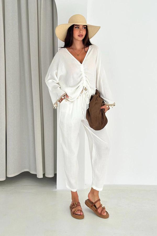 Tünel Dikişli Truvakar Kol Bluz Beli Lastikli Planlı Müslin Pantolon - Image 1