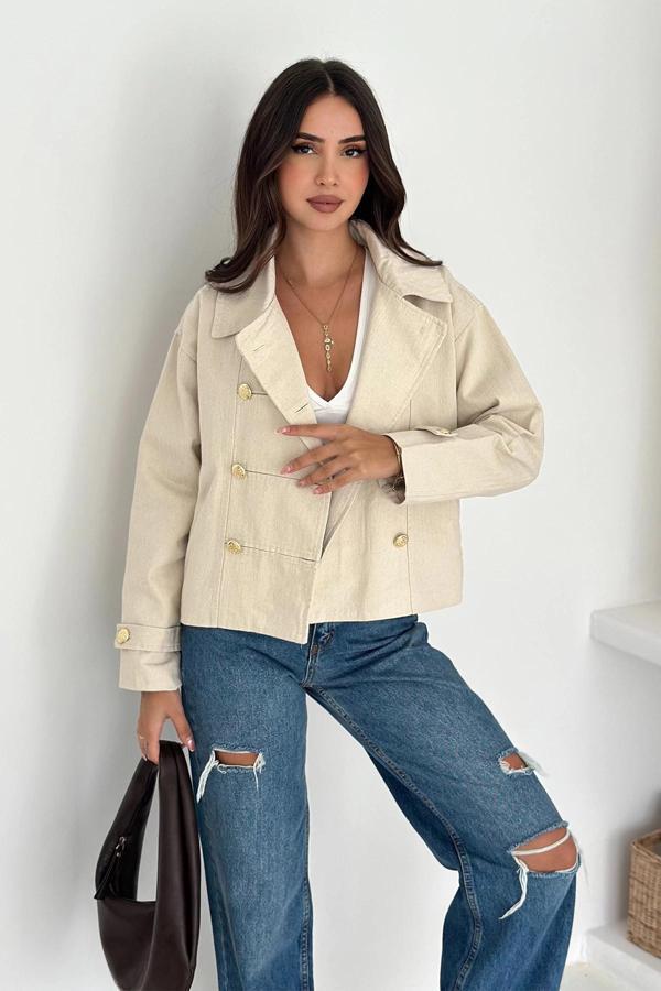 Düğme Detaylı Yağmur Gabardin Ceket Ekru - Image 1