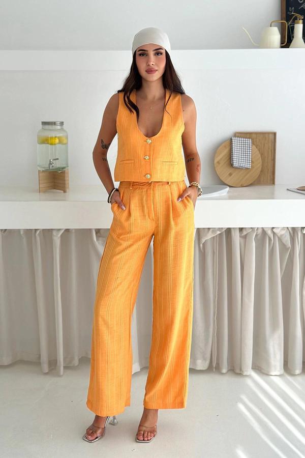 Çizgili Kumaş Yelek Takım Turuncu - Image 1