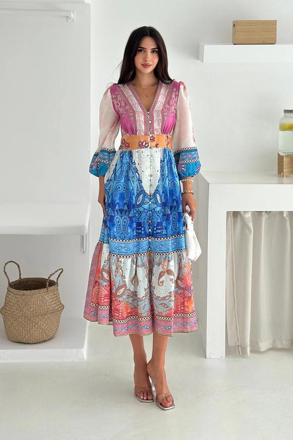 İthal Keten Kumaş Desenli Elbise - Image 1