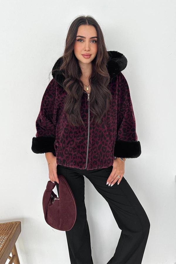Leopar Desen Kapşonlu Kürk Mont Mor - Image 1