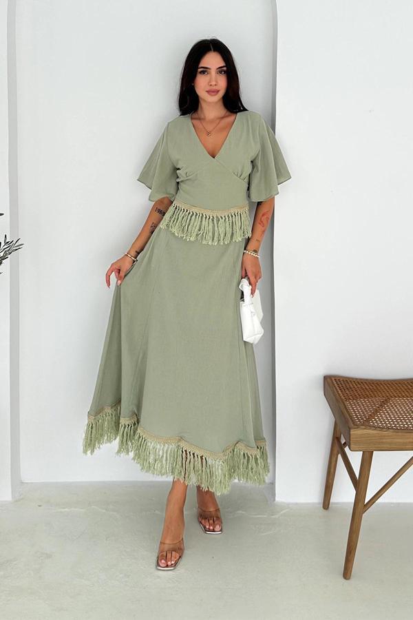 Püsküllü Bluz Etek Takım Haki - Image 1