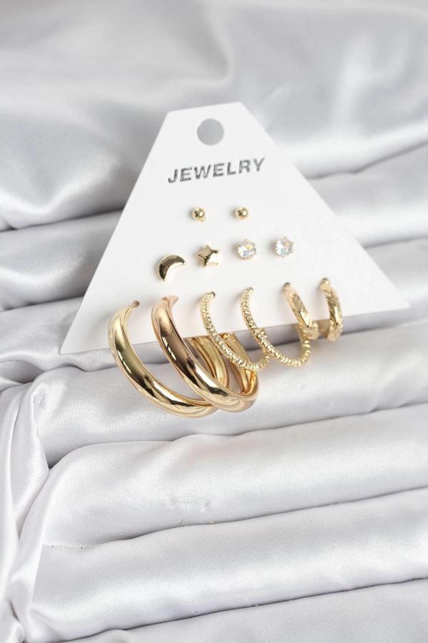 BFS Gold Renk 6 Çiftli Pirinç Kadın Küpe Seti - Image 1