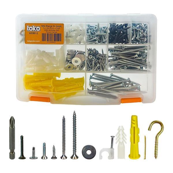 Toko Hobi-2 502 Parça 14 Çeşit, Pul, Çivi, Piton, Kroşe, Vida ve Dübel Seti, Takım Çantalı - Image 1
