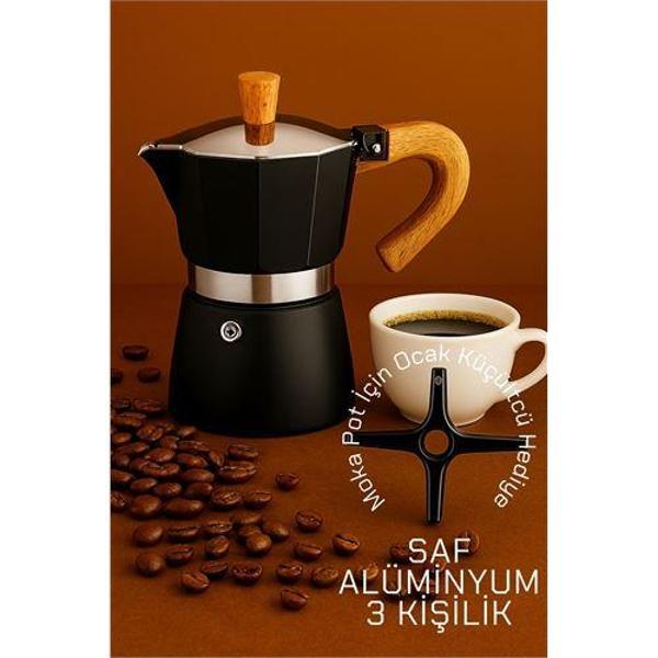 Italyan Moka Pot - 6061 Saf Alüminyum  Ahşap Saplı - 3 kişilik SİYAH - Image 1
