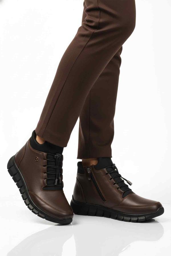 Kahve Hakiki Deri İçi Polarlı Kaymaz Fermuarlı Kadın Bot 3615 Z - Image 1