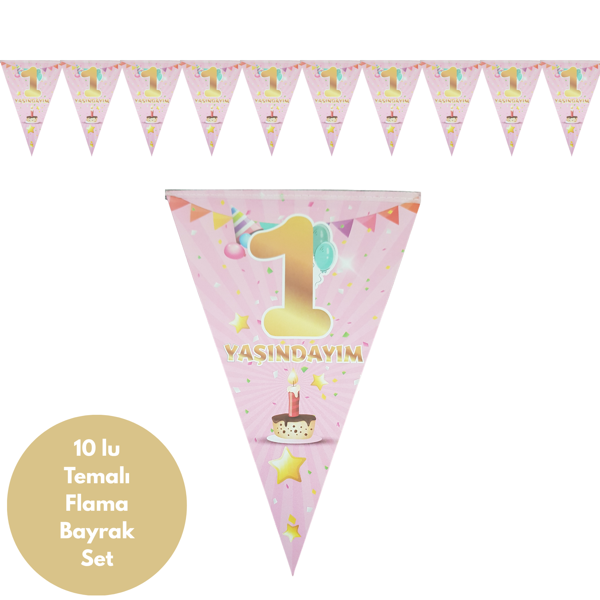 1 Yaş Pembe Altın Flama Bayrak Set Süs - Image 1