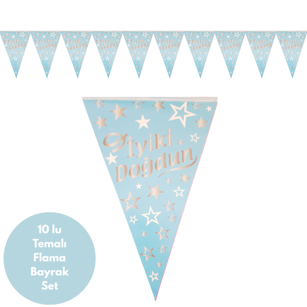 İyiki Doğdun Mavi Gümüş Yıldızlı Flama Bayrak Set Süs - Image 1
