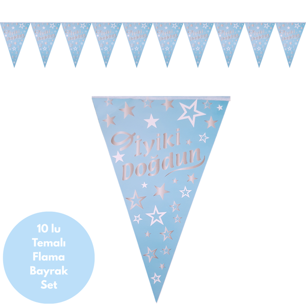 Mavi Üstü Gümüş Yıldızlı İyiki Doğdun Flama Bayrak Set Süs - Image 1