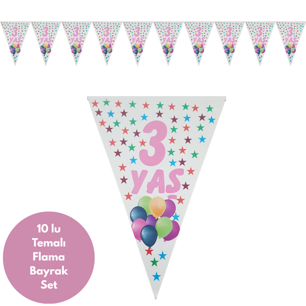 3 Yaş Pembe Yıldızlı Flama Bayrak Set Süs - Image 1