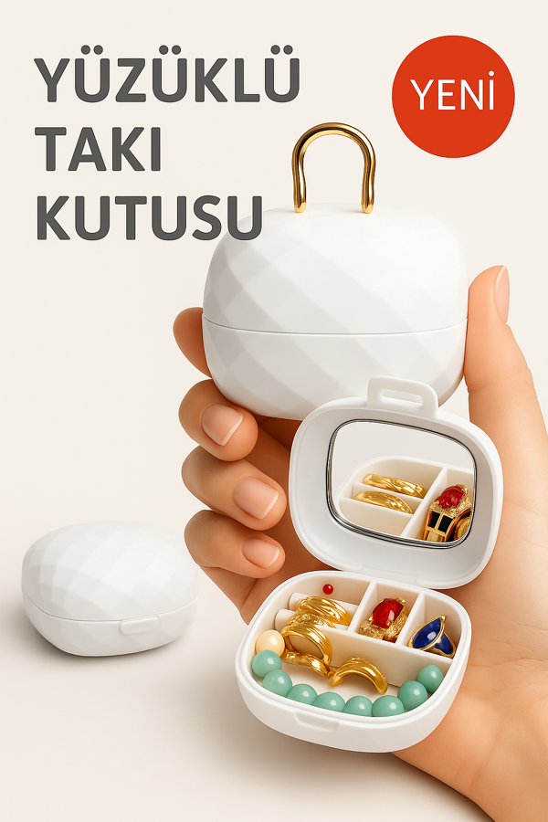 Taşınabilir Yüzüklü Takı Kutusu – Ayna ve 4 Bölmeli Mini Mücevher Organizer - Beyaz - Image 1
