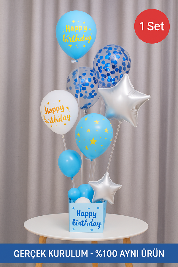 Mavi Doğum Günü Balon Kutusu – Happy Birthday Konsept Parti Süsleri Masa Üstü Stand - Image 1