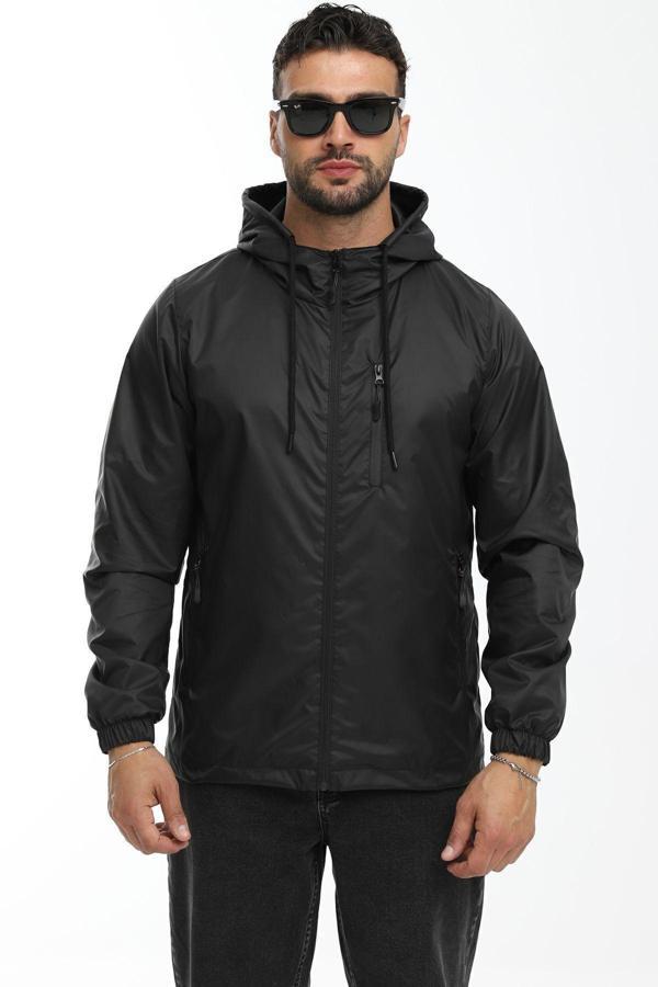 Erkek Siyah Astarlı Rüzgara Dayanıklı Kapüşonlu Cepli Yağmurluk | 2XL - Image 1