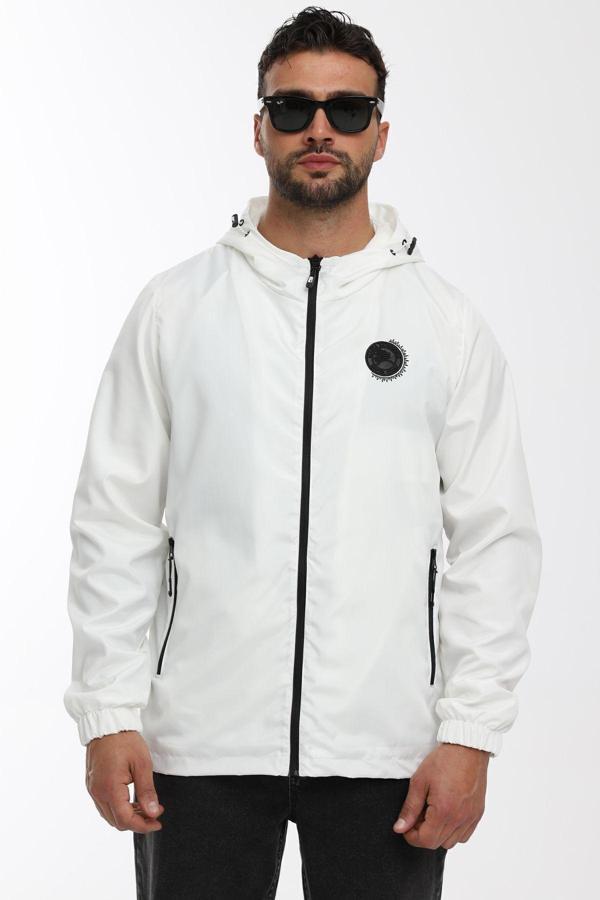 Erkek Astarlı Rüzgara Dayanıklı Kapüşonlu Beyaz Yağmurluk - Rüzgarlık | 3XL - Image 1