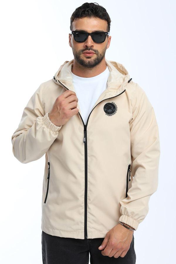 Erkek Astarlı Rüzgara Dayanıklı Kapüşonlu Bej Yağmurluk - Rüzgarlık | L - Image 1