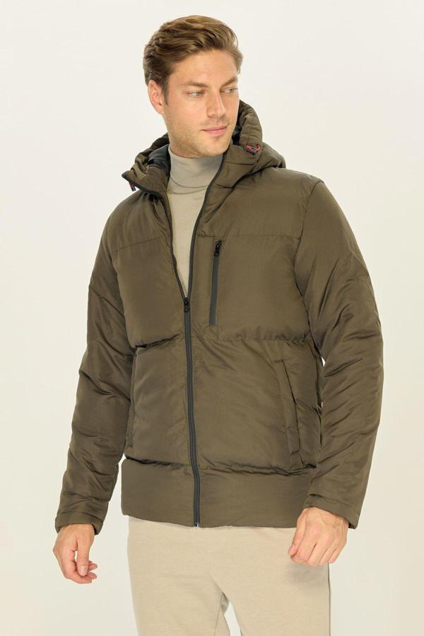 Erkek Haki Elyaflı Kapüşonlu Rüzgar Geçirmez Şişme Kışlık Mont | S - Image 1