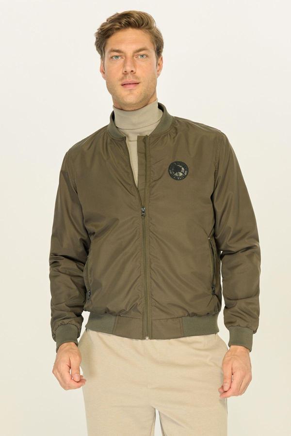 Erkek Haki Kolej Yaka Rüzgara Dayanıklı Mevsimlik Spor Mont | S - Image 1