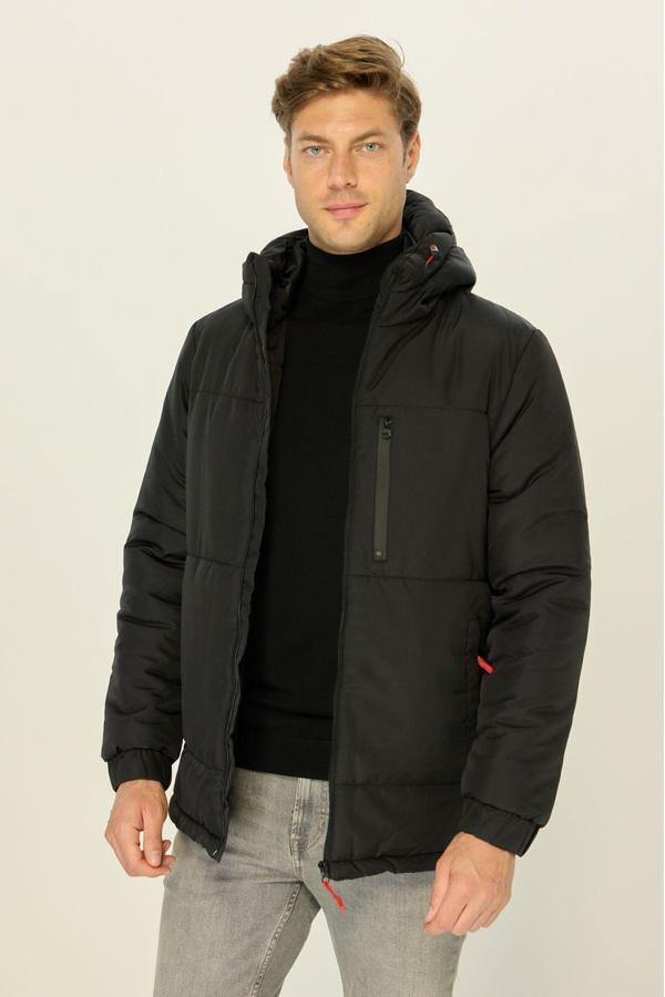 Erkek Siyah Elyaflı Kapüşonlu Rüzgar Geçirmez Şişme Kışlık Mont | 2XL - Image 1